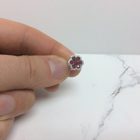 14k White Real Gold Natural Ruby Diamonds Flower cluster women Earrings - Picture 7 of 7
